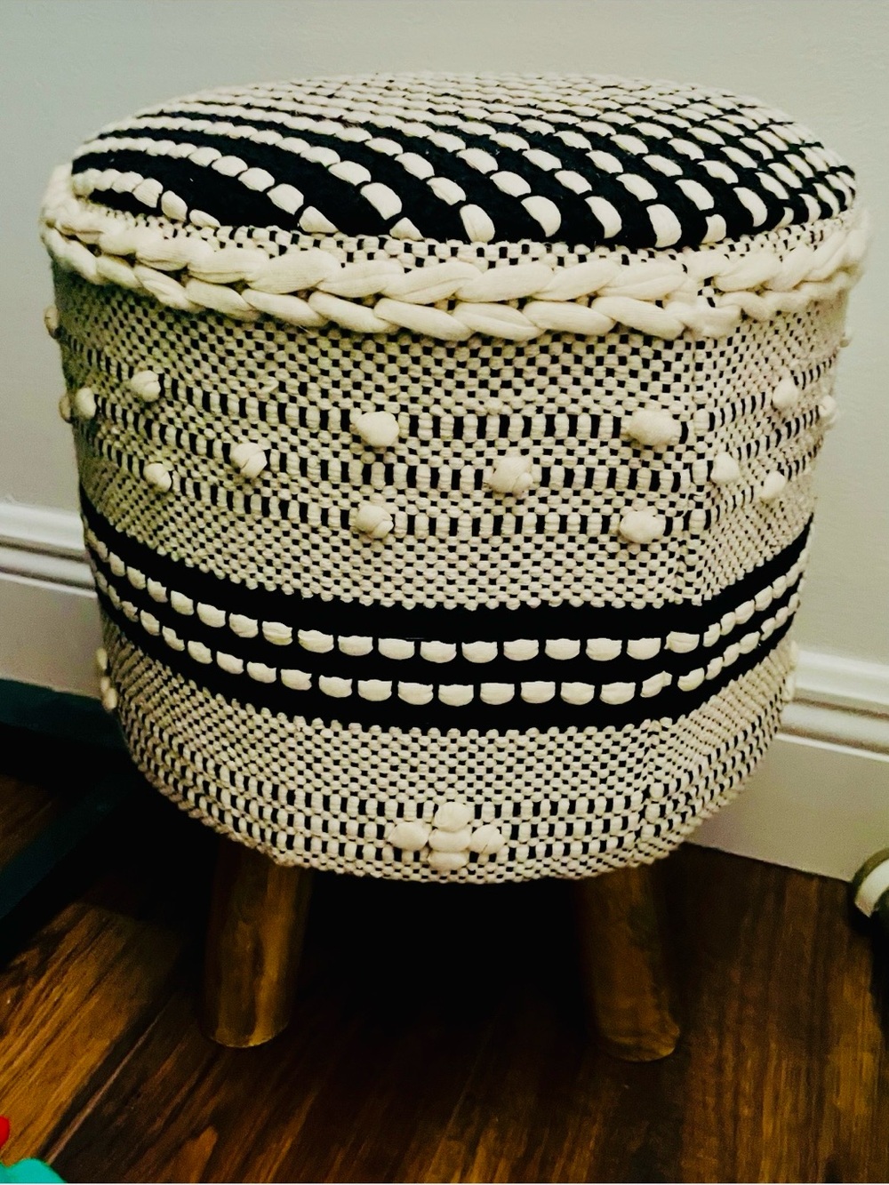 Handcrafted woven boho black and cream Pom Pom wood legs stool seat table NWT - Picture 3 of 14